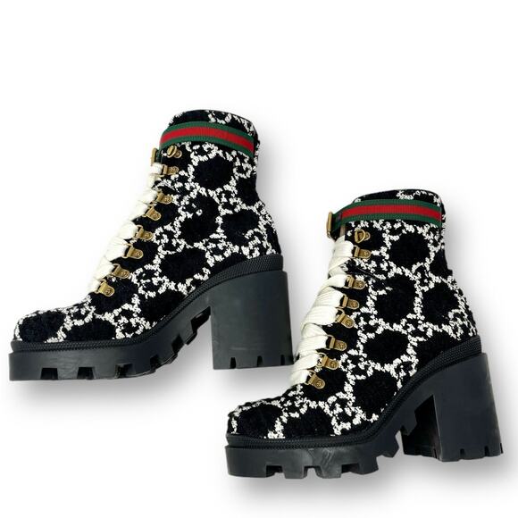 Gucci GG Monogram Web Tweed Combat Lace Up Ankle Boots Black White EU 36.5 - Picture 6 of 13